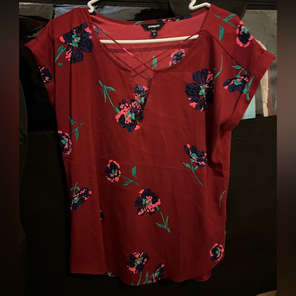 LEAVING SOON! MAKE OFFER! Express Burgundy Floral Top with Crisscross Detail